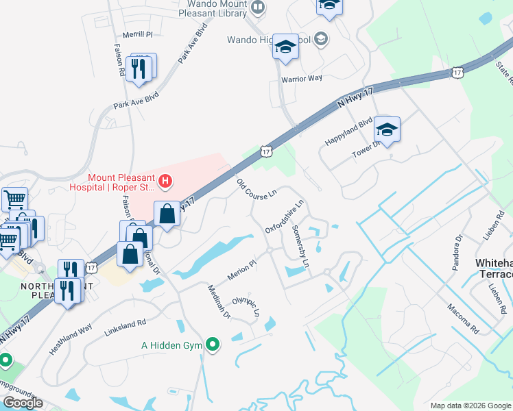 map of restaurants, bars, coffee shops, grocery stores, and more near 1155 Royal Links Drive in Mount Pleasant