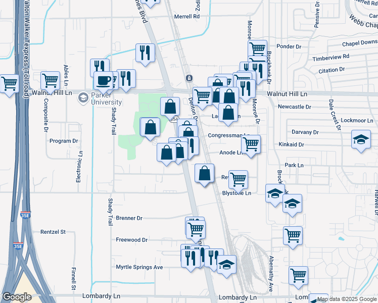 map of restaurants, bars, coffee shops, grocery stores, and more near 10850 Harry Hines Boulevard in Dallas