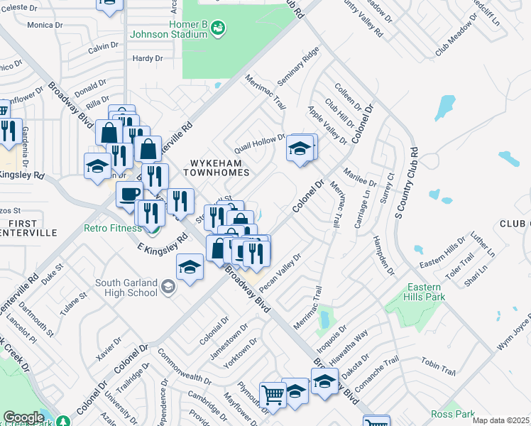 map of restaurants, bars, coffee shops, grocery stores, and more near 1245 Colonel Drive in Garland