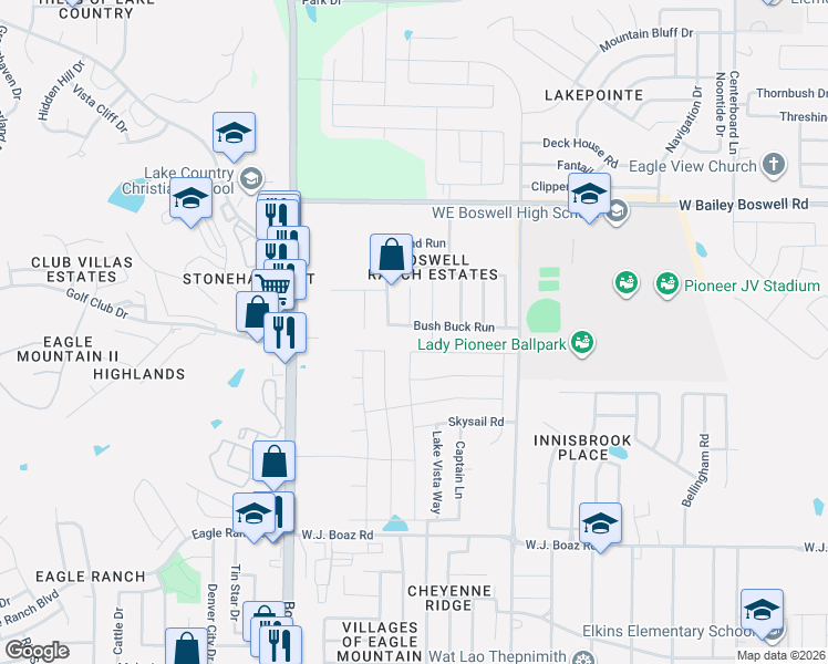 map of restaurants, bars, coffee shops, grocery stores, and more near 6285 Bush Buck Run in Fort Worth