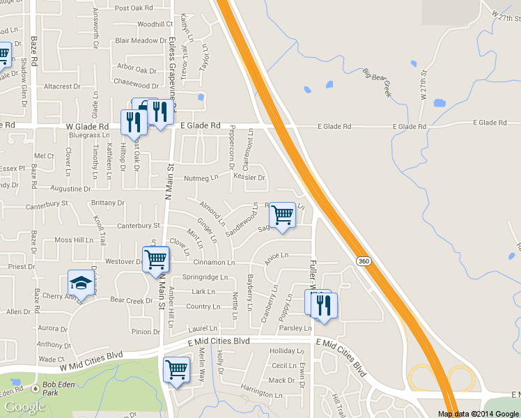 map of restaurants, bars, coffee shops, grocery stores, and more near 322 Sandlewood Lane in Euless
