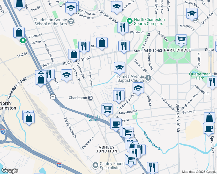 map of restaurants, bars, coffee shops, grocery stores, and more near 1714 Indy Drive in North Charleston