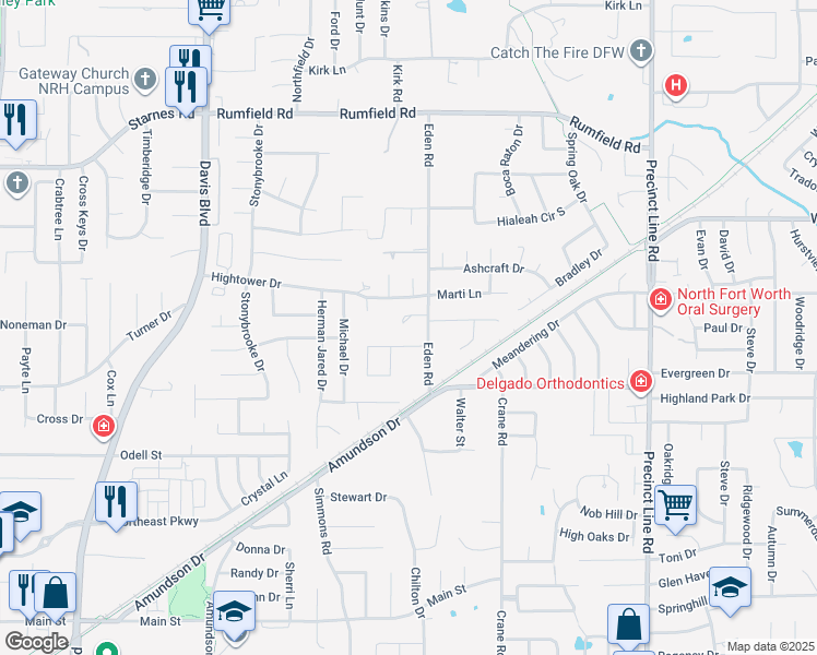 map of restaurants, bars, coffee shops, grocery stores, and more near 7101 Eden Road in Fort Worth