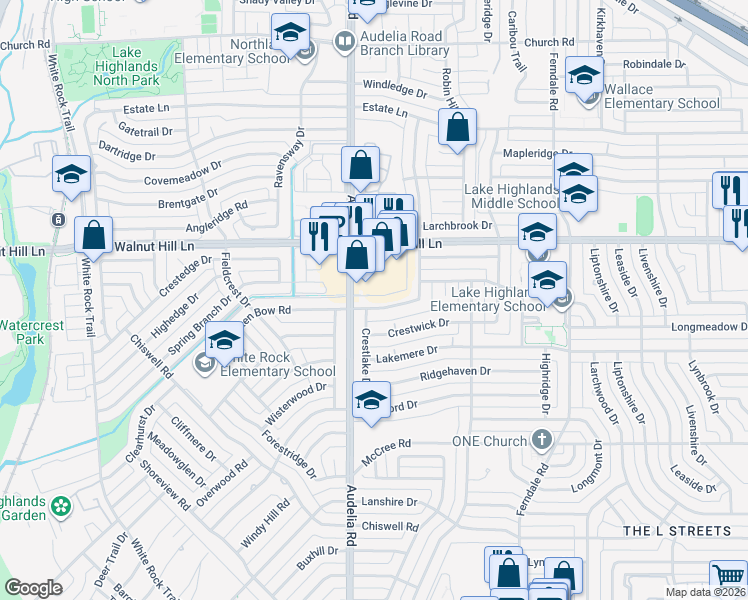 map of restaurants, bars, coffee shops, grocery stores, and more near 9829 Broken Bow Road in Dallas