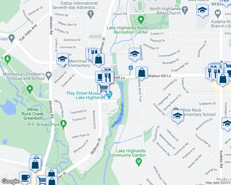 map of restaurants, bars, coffee shops, grocery stores, and more near 7100 Watercrest Parkway in Dallas