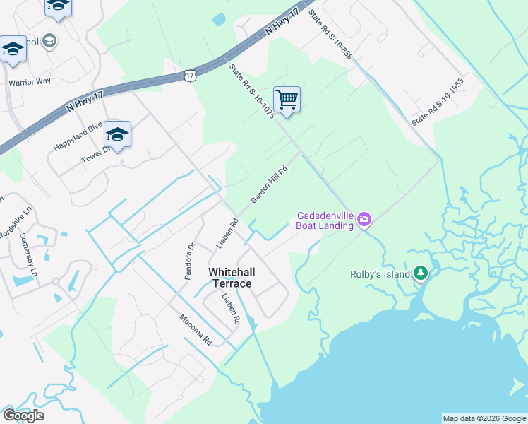map of restaurants, bars, coffee shops, grocery stores, and more near 3775 Garden Hill Road in Mount Pleasant