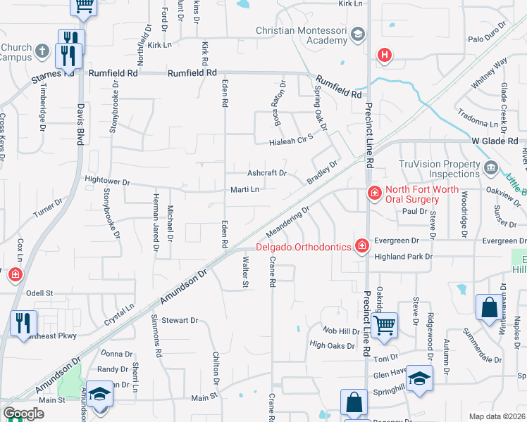 map of restaurants, bars, coffee shops, grocery stores, and more near 8836 Jason Court in North Richland Hills