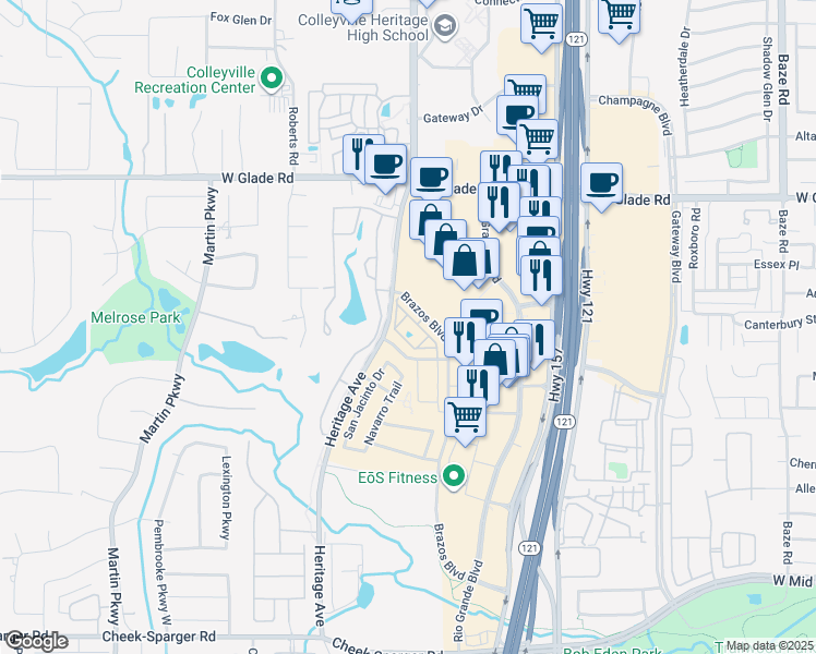 map of restaurants, bars, coffee shops, grocery stores, and more near 2801 Brazos Boulevard in Euless