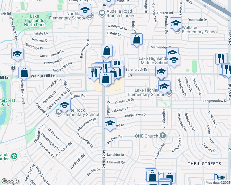map of restaurants, bars, coffee shops, grocery stores, and more near 9859 Broken Bow Road in Dallas