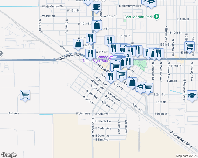 map of restaurants, bars, coffee shops, grocery stores, and more near 112 North Sacaton Street in Casa Grande