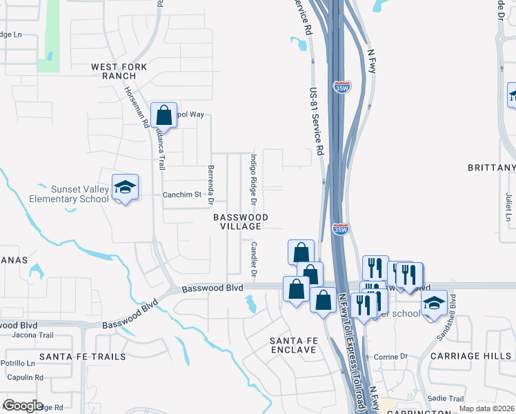 map of restaurants, bars, coffee shops, grocery stores, and more near 7564 Indigo Ridge Drive in Fort Worth
