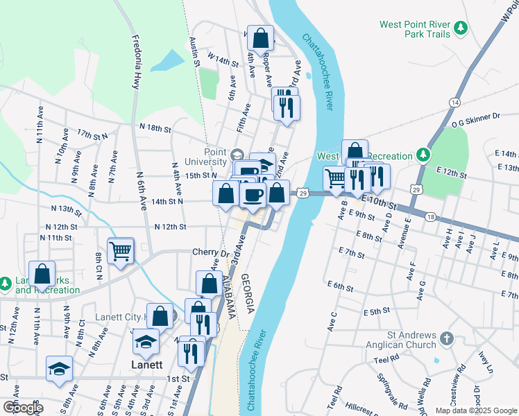 map of restaurants, bars, coffee shops, grocery stores, and more near 309 W 8th St in West Point