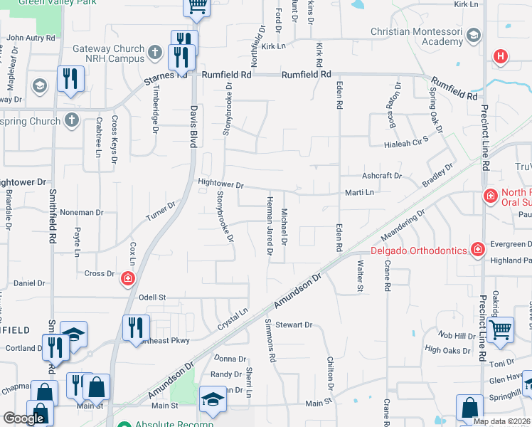map of restaurants, bars, coffee shops, grocery stores, and more near 7109 Michael Drive in North Richland Hills