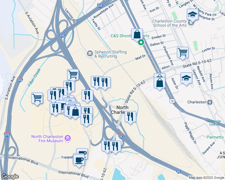map of restaurants, bars, coffee shops, grocery stores, and more near Towne Square Road in Summerville