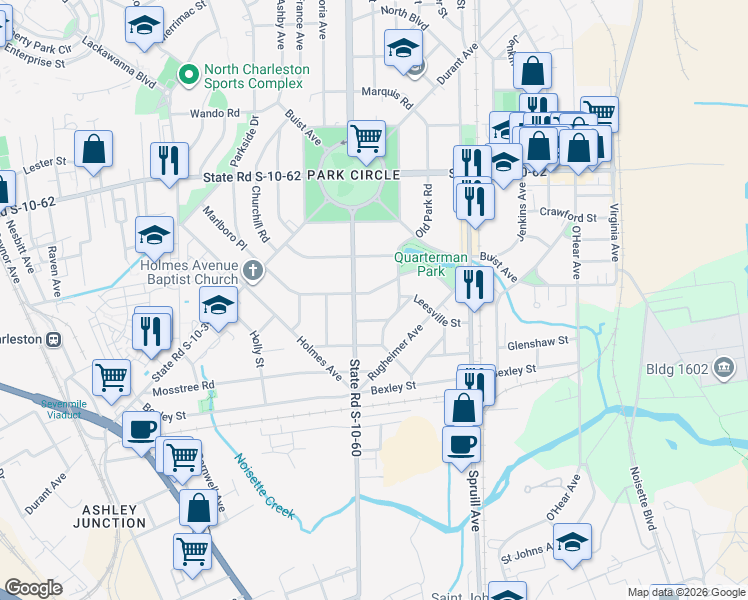 map of restaurants, bars, coffee shops, grocery stores, and more near 1179 South Boulevard in North Charleston