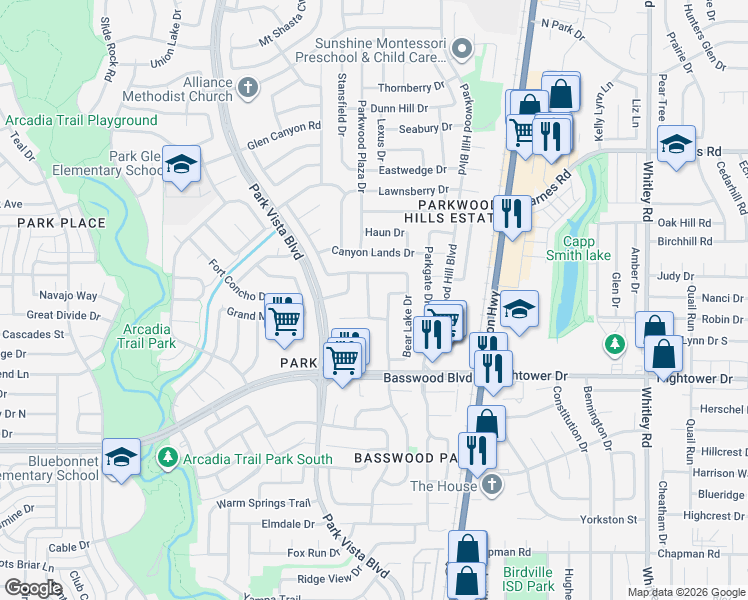 map of restaurants, bars, coffee shops, grocery stores, and more near 7516 Mesa Verde Trail in Fort Worth