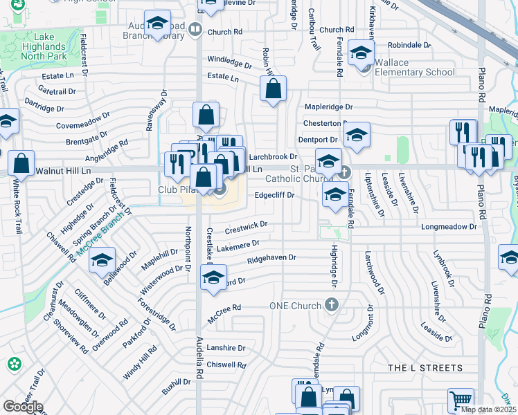 map of restaurants, bars, coffee shops, grocery stores, and more near 9938 Edgecliff Circle in Dallas