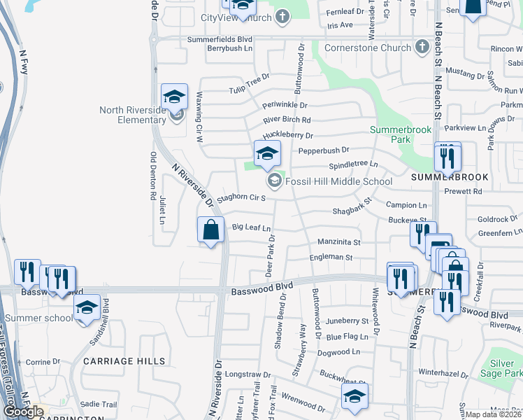 map of restaurants, bars, coffee shops, grocery stores, and more near 3813 Flintwood Trail in Fort Worth
