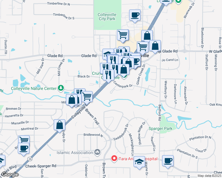 map of restaurants, bars, coffee shops, grocery stores, and more near 617 Creekview Lane in Colleyville