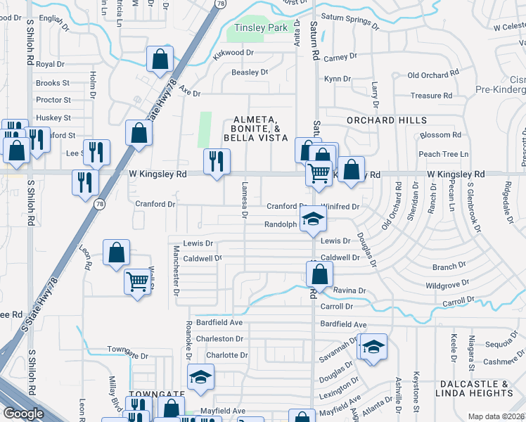 map of restaurants, bars, coffee shops, grocery stores, and more near 1534 Cranford Drive in Garland