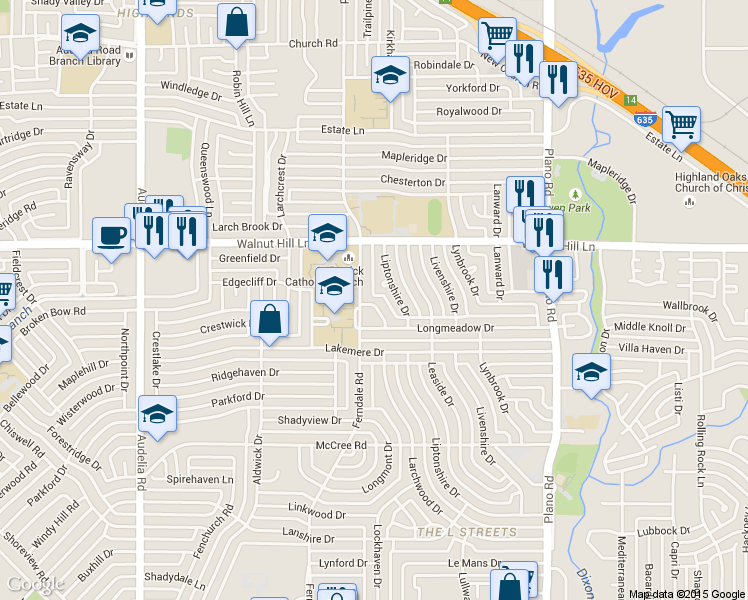 map of restaurants, bars, coffee shops, grocery stores, and more near 9536 Larchwood Drive in Dallas