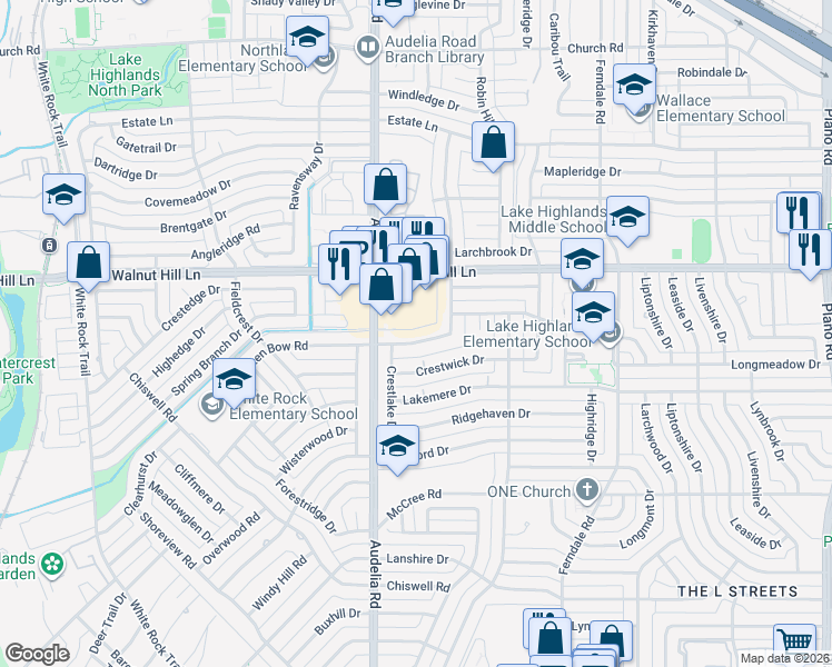 map of restaurants, bars, coffee shops, grocery stores, and more near 9829 Broken Bow Road in Dallas