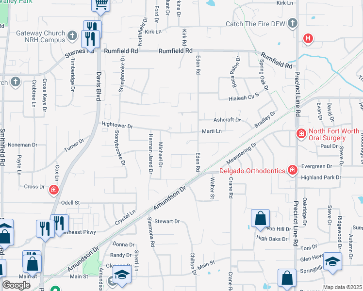 map of restaurants, bars, coffee shops, grocery stores, and more near 7101 Eden Road in Fort Worth