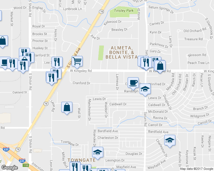 map of restaurants, bars, coffee shops, grocery stores, and more near 1806 Cranford Drive in Garland