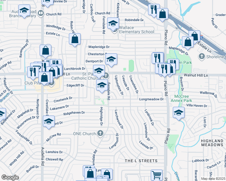 map of restaurants, bars, coffee shops, grocery stores, and more near 9536 Larchwood Drive in Dallas