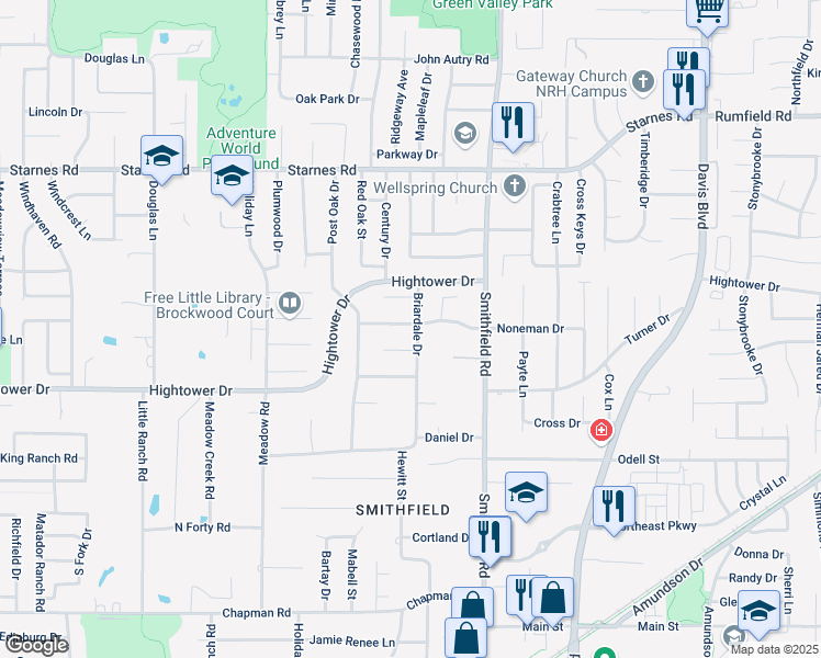 map of restaurants, bars, coffee shops, grocery stores, and more near 7033 Briardale Drive in Fort Worth