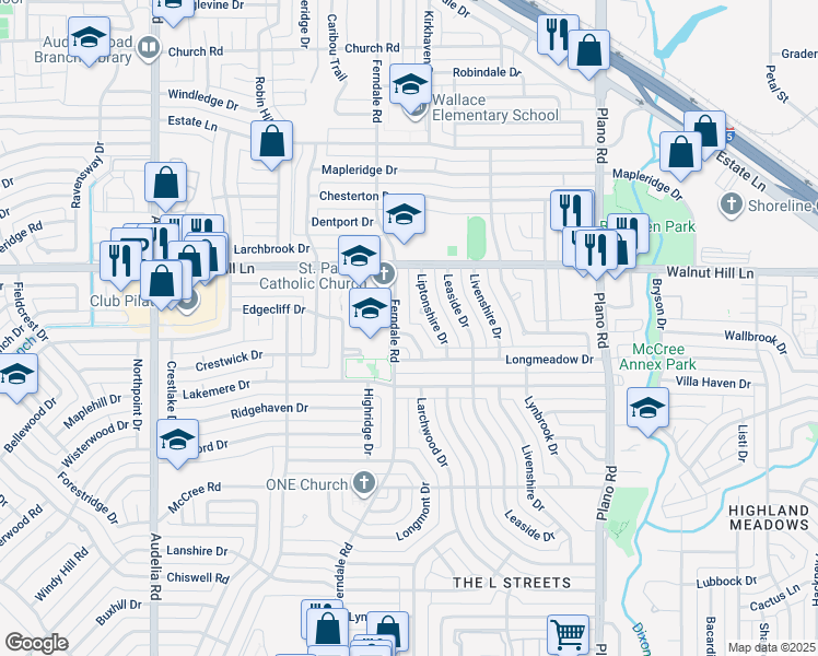 map of restaurants, bars, coffee shops, grocery stores, and more near 9536 Larchwood Drive in Dallas