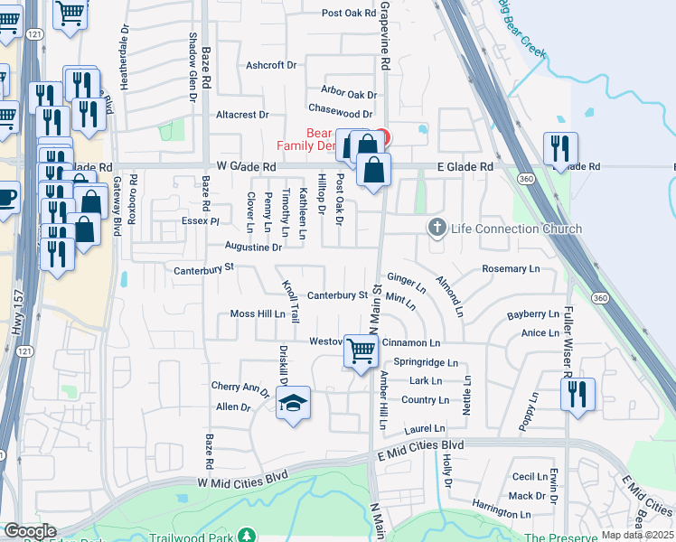 map of restaurants, bars, coffee shops, grocery stores, and more near 2805 London Court in Euless