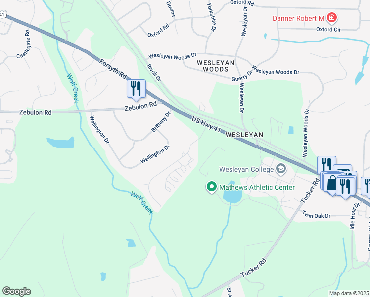 map of restaurants, bars, coffee shops, grocery stores, and more near 101 Covington Drive in Macon