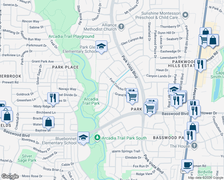 map of restaurants, bars, coffee shops, grocery stores, and more near 5201 Grand Mesa Drive in Fort Worth