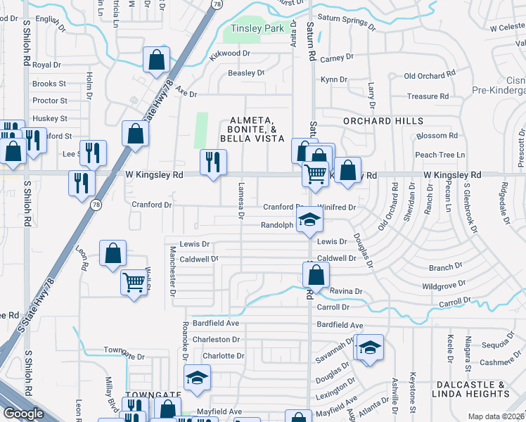 map of restaurants, bars, coffee shops, grocery stores, and more near 1534 Cranford Drive in Garland