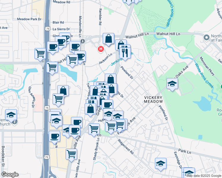 map of restaurants, bars, coffee shops, grocery stores, and more near 7150 Greenville Avenue in Dallas