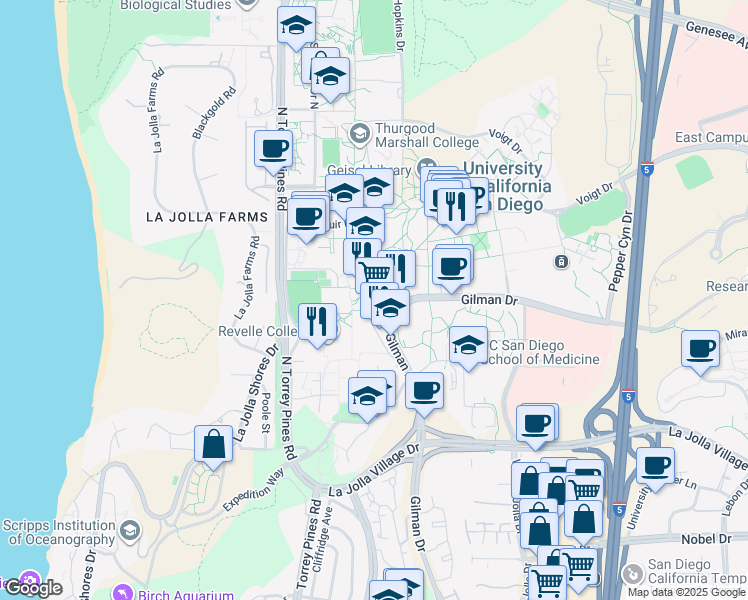 map of restaurants, bars, coffee shops, grocery stores, and more near 9500 Gilman Drive in San Diego
