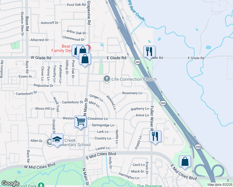 map of restaurants, bars, coffee shops, grocery stores, and more near 2800 Spicebush Lane in Euless