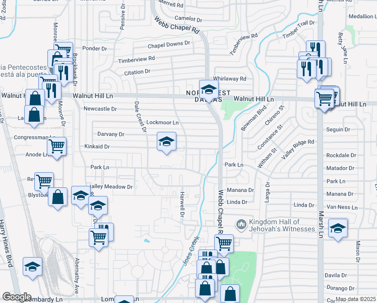 map of restaurants, bars, coffee shops, grocery stores, and more near 3306 Kinkaid Drive in Dallas