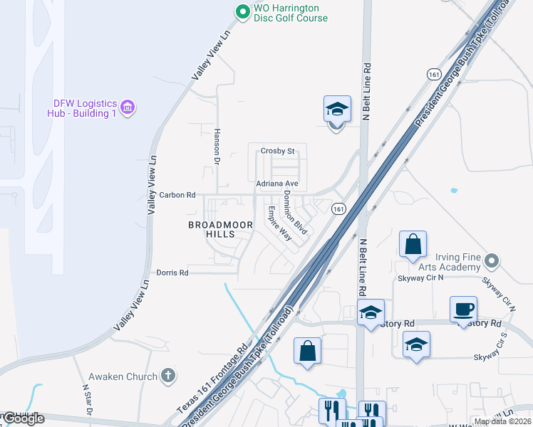 map of restaurants, bars, coffee shops, grocery stores, and more near 5023 Empire Way in Irving