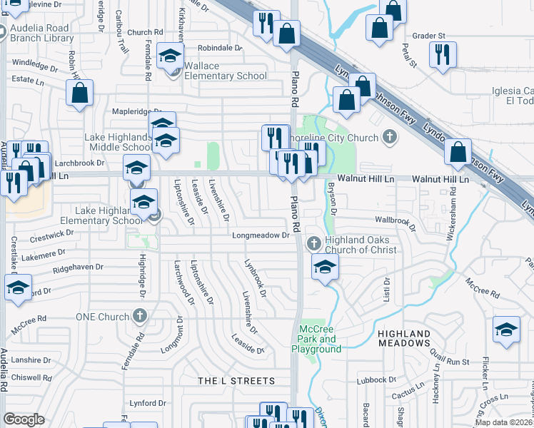 map of restaurants, bars, coffee shops, grocery stores, and more near 10635 Larchfield Lane in Dallas