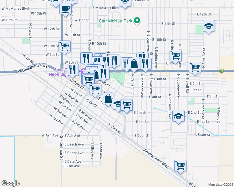 map of restaurants, bars, coffee shops, grocery stores, and more near 405 East 4th Street in Casa Grande