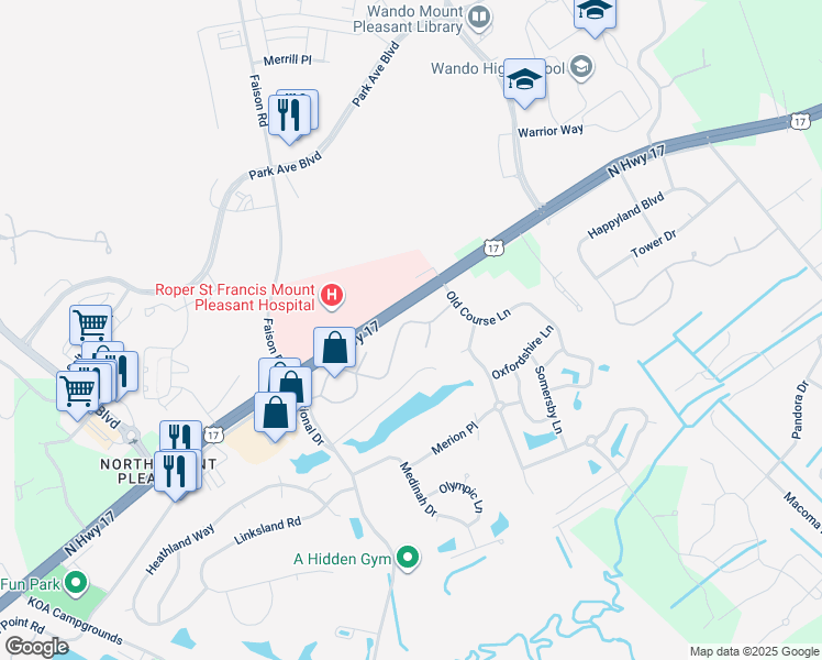 map of restaurants, bars, coffee shops, grocery stores, and more near 1100 Legends Club Drive in Mount Pleasant