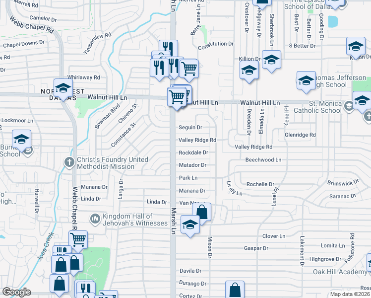 map of restaurants, bars, coffee shops, grocery stores, and more near 3723 Rockdale Drive in Dallas