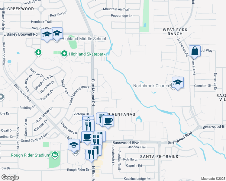 map of restaurants, bars, coffee shops, grocery stores, and more near 7408 Howling Coyote Lane in Fort Worth