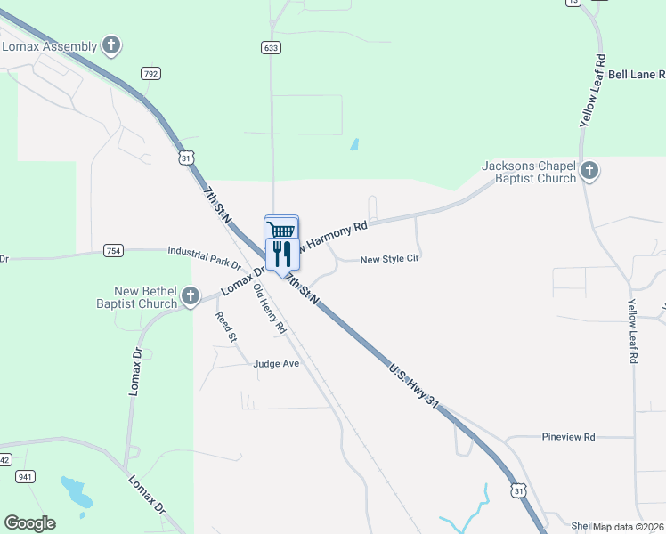 map of restaurants, bars, coffee shops, grocery stores, and more near 800-898 New Style Circle in Clanton