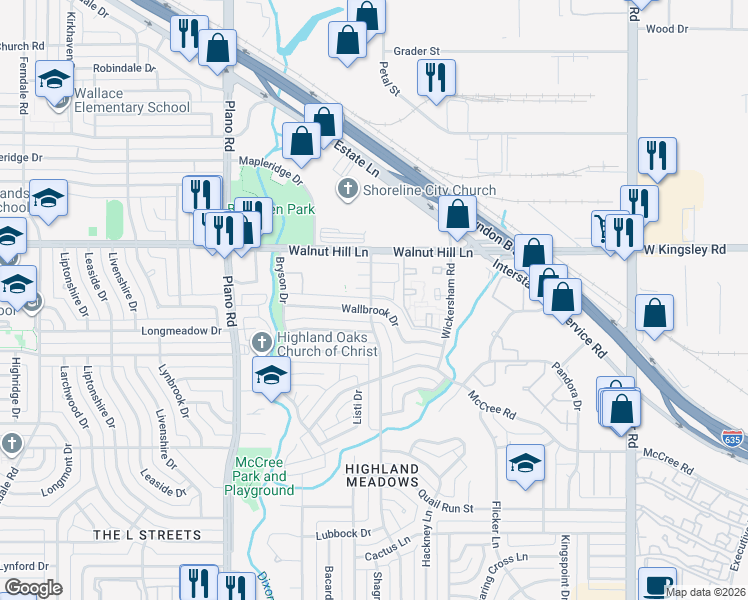 map of restaurants, bars, coffee shops, grocery stores, and more near 9616 Rolling Rock Lane in Dallas