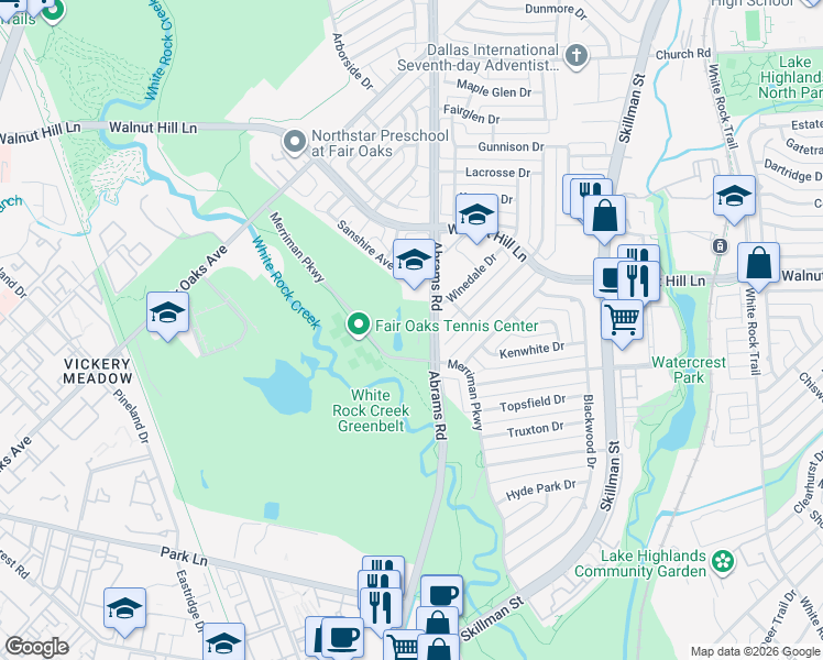 map of restaurants, bars, coffee shops, grocery stores, and more near 7215 Abrams Place Court in Dallas