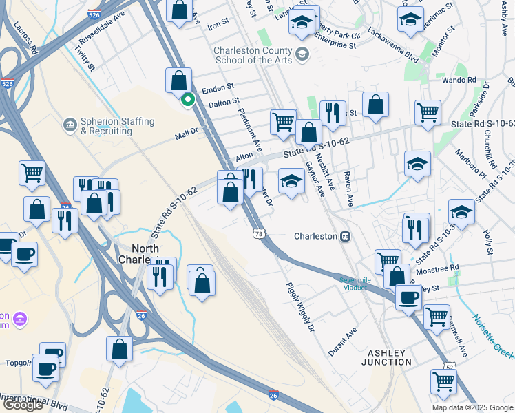 map of restaurants, bars, coffee shops, grocery stores, and more near 4716 Rivers Avenue in North Charleston