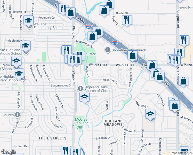 map of restaurants, bars, coffee shops, grocery stores, and more near 10901 Wallbrook Drive in Dallas